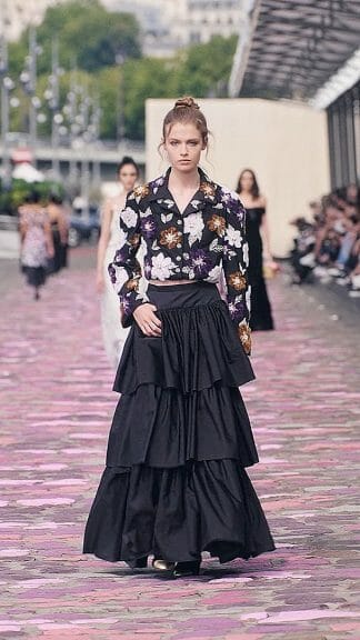 Chanel Fall/Winter 2023/24 Haute Couture floor-length ruffled evening skirt with a short embroidered button-up jacket