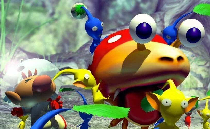 Olimar and his Pikmin being attacked by a bulborb