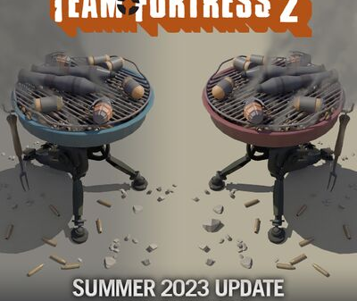 Red and Blue grills cookng rockets and grenades. Text reads "Team Fortress 2, Summer 2023 update now available