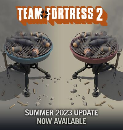 Red and Blue grills cookng rockets and grenades. Text reads "Team Fortress 2, Summer 2023 update now available