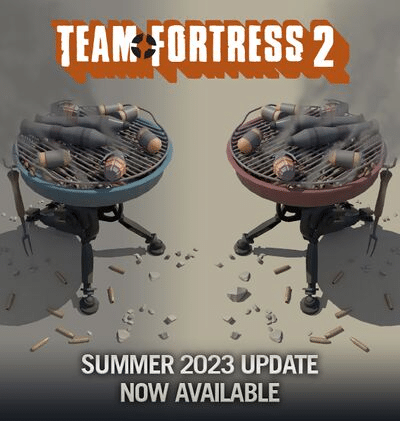 Red and Blue grills cookng rockets and grenades. Text reads "Team Fortress 2, Summer 2023 update now available