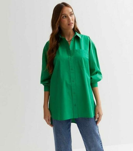 New Look oversized bright green poplin shirt, worn by model.