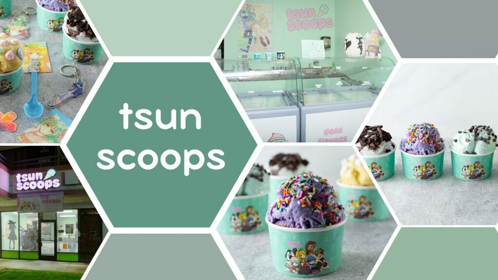 Collage showing tsun scoops shop's interior and exterior, ice-cream, and merchandise