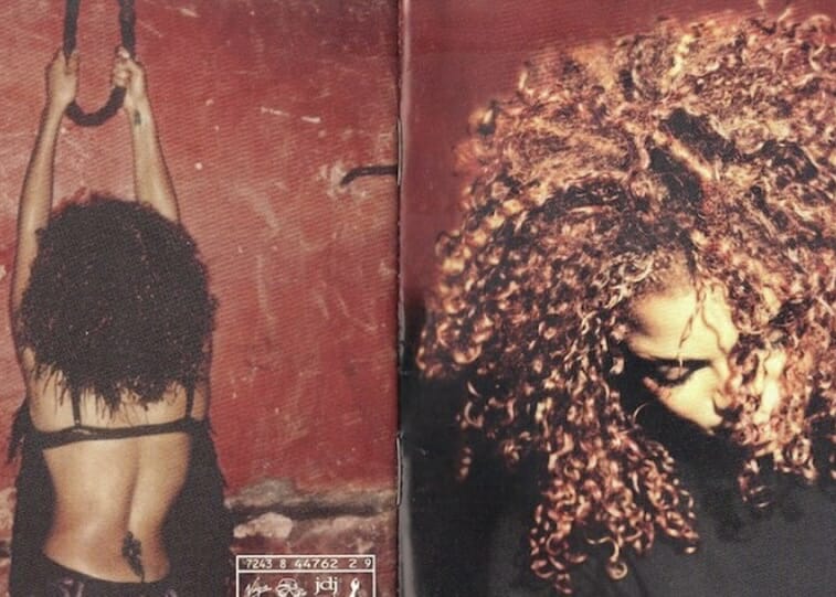 A suggestive photo of Janet Jackson with her back turned to the camera. The second photo is the album cover for ‘The Velvet Rope.’