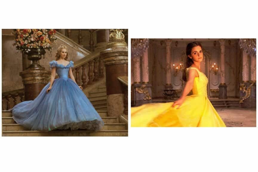 A contrasting image of Disney's Cinderella live adaptation dress and Beauty and the Beast yellow dress.