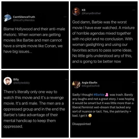 Four twitter posts of users discussing their disdain for the Barbie movie and its feminist themes.