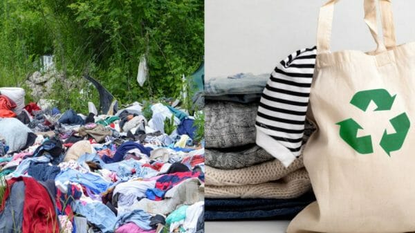 On the left, discarded clothes in nature. On t he right, a bag with the recylce symbol next to a pile of clothes