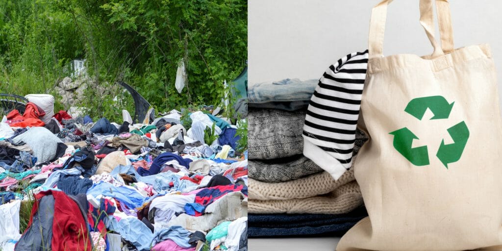 On the left, discarded clothes in nature. On t he right, a bag with the recylce symbol next to a pile of clothes