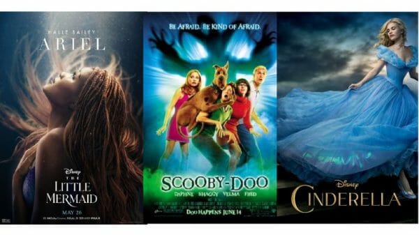 An image of three films, The Little Mermaid (2023), Scooby-Doo (2002), and Cinderella (2015).