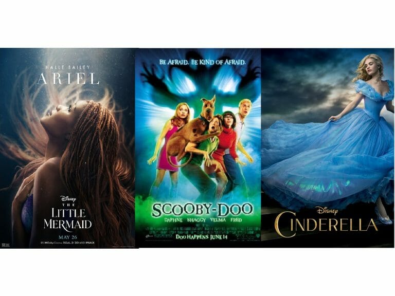 An image of three films, The Little Mermaid (2023), Scooby-Doo (2002), and Cinderella (2015).