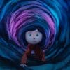 Coraline crawls through a blue and purple portal.