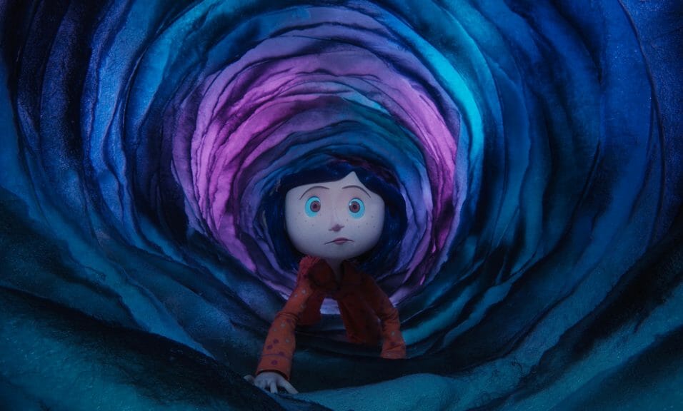 Coraline crawls through a blue and purple portal.