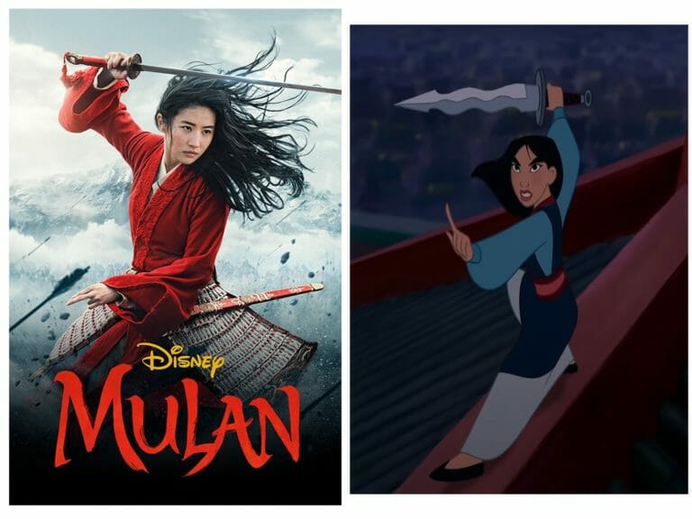 An image of the live adaptation of Mulan 2020, and animated Mulan 1998. In both images, Mulan is wielding a sword. 