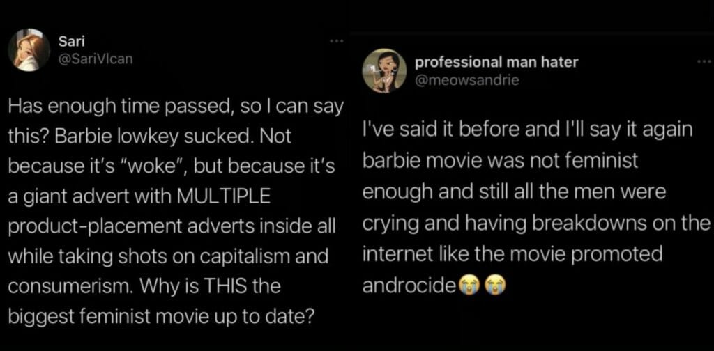 Two Twitter users comment on how the Barbie movie wasn't feminist enough