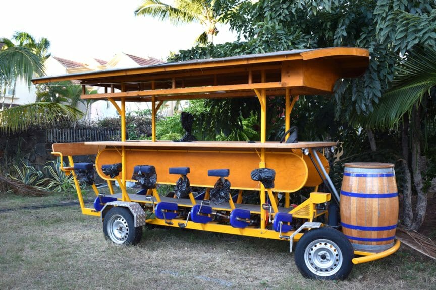 Colored and original beer bike, special leisure device in use in East of Europe. Unique mean of transportation while having a party.