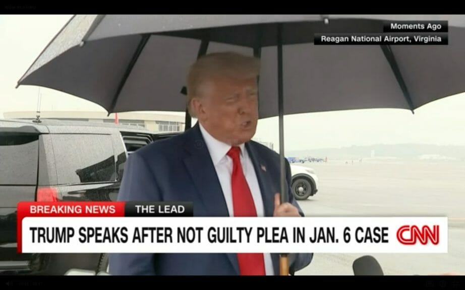 former-President Trump speaking to reporters following his indictment