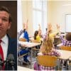 ron desantis (left) and classroom of young kids (right)