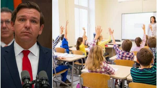 ron desantis (left) and classroom of young kids (right)