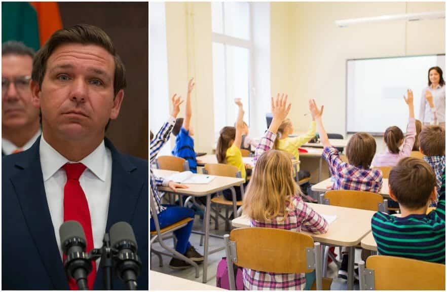 ron desantis (left) and classroom of young kids (right)