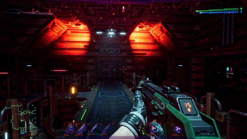 Engineering deck from System Shock remake with sirens blaring
