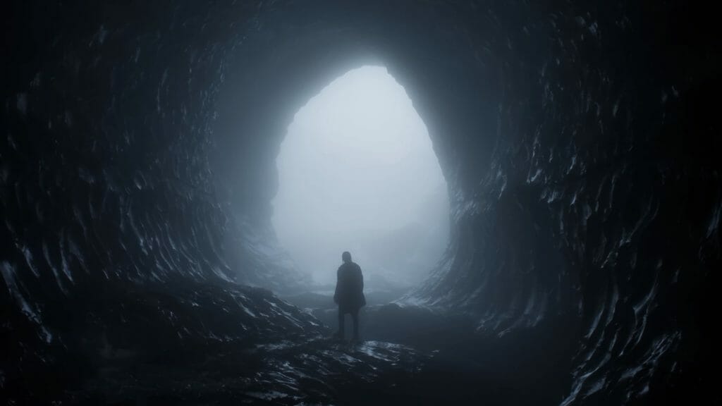 A man standing in a cave.