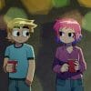 Scott Pilgrim standing next to a pink haired Ramona Flowers, both are holding Red Solo Cups.