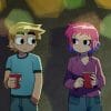Scott Pilgrim standing next to a pink haired Ramona Flowers, both are holding Red Solo Cups.
