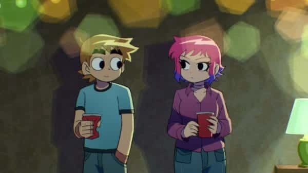 Scott Pilgrim standing next to a pink haired Ramona Flowers, both are holding Red Solo Cups.