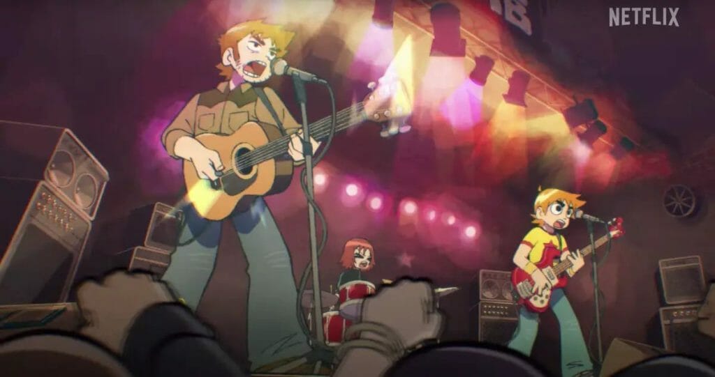 Steven Stills (left) playing guitar, Scott Pilgrim (right) playing the bass, and Kim Pine (center) playing the drums in their band.