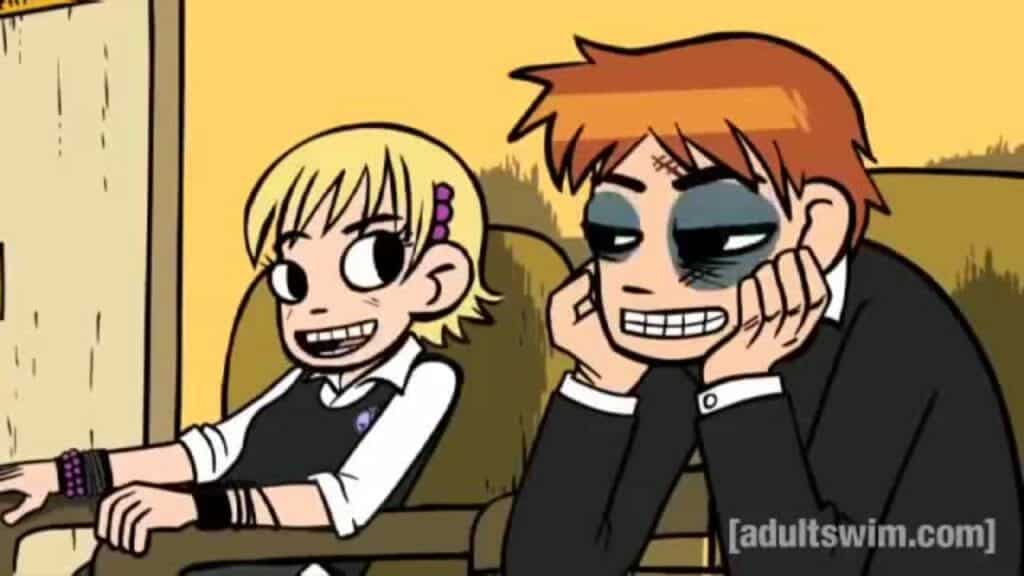 A bruised Scott Pilgrim sitting next to Lisa Miller