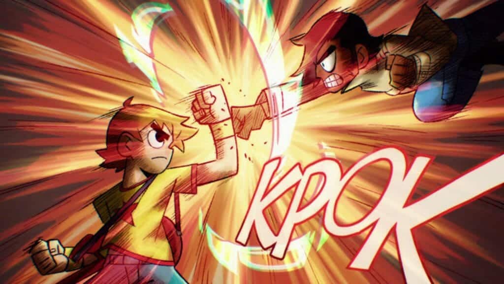 Scott Pilgrim blocking a punch from an airborne Matthew Patel with an onomatopoeia of "Kpok" underneath.