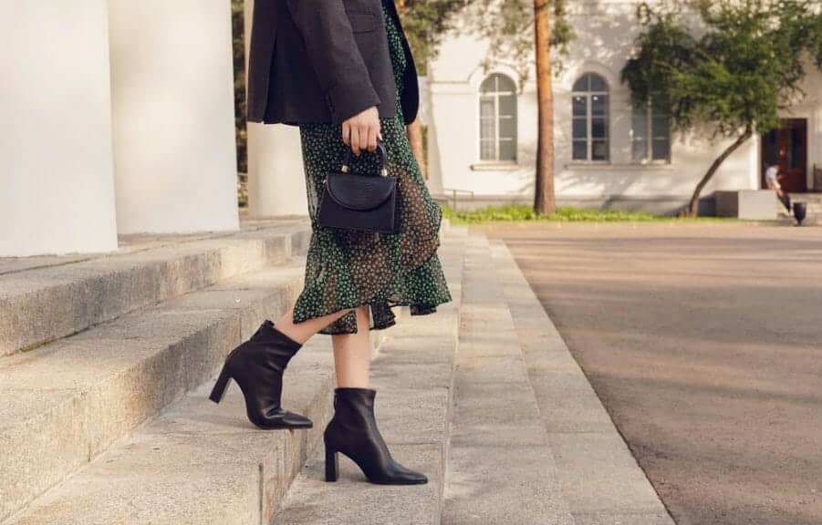 Dress, boots, and leather jacket outfit.