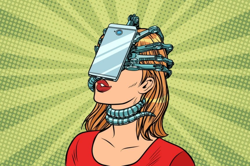 A woman is chained to her phone because of social media