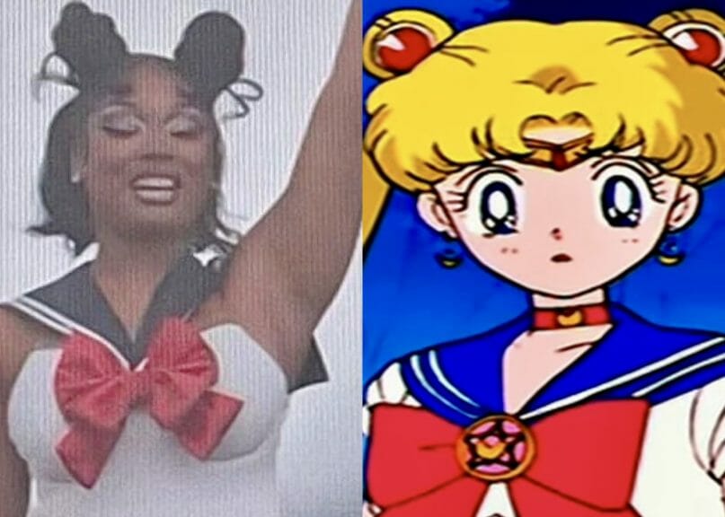 [Left] Megan Thee Stallion cosplaying as anime character Sailor Moon. [Right] A still from the anime series “Sailor Moon”.