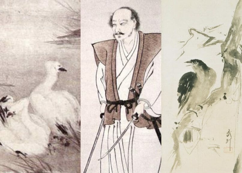 Three paintings of the samurai Miyamoto Musashi.