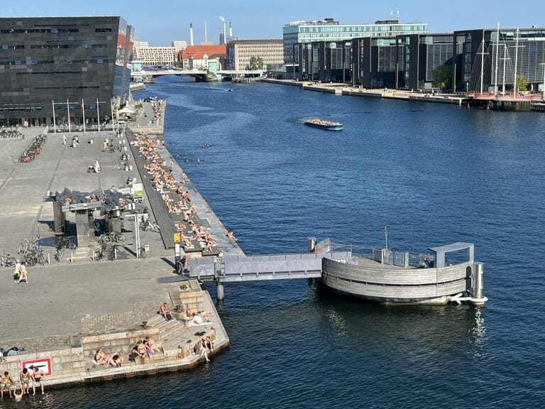 People sat along the harbor edge. Some are sunbathing, some are swimming.