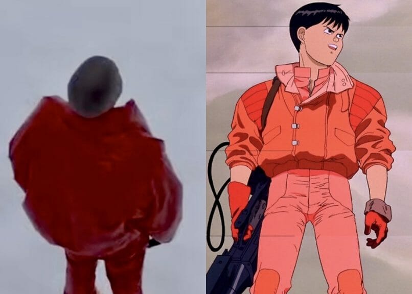 [Left] Kanye West wearing a mask and a red puffer jacket. [Right] A shot of the protagonist from the anime movie “Akira.”
