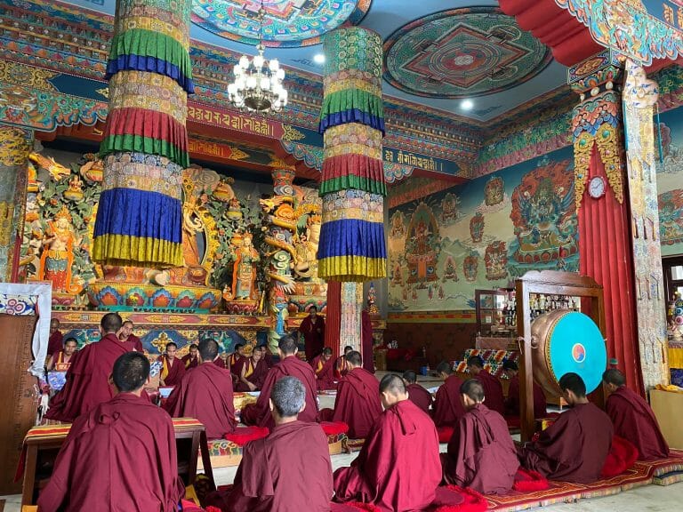 Buddhist monks sat down in a Nepalese monastery