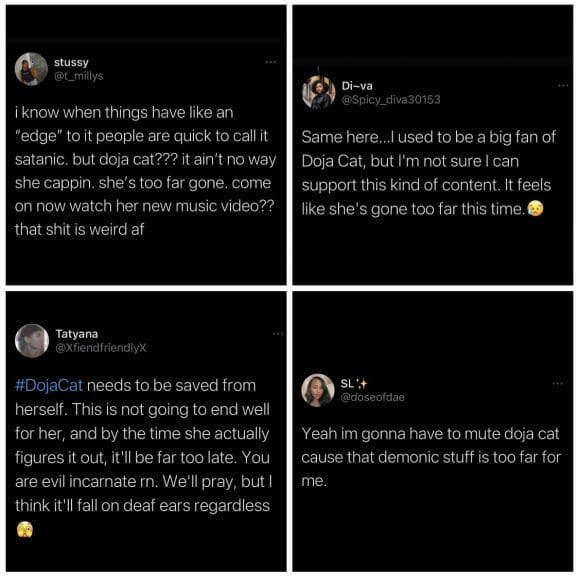 Four screenshots of Twitter comments concerned about Doja Cat's supposed satanism and demonic image.