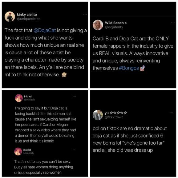 Four screenshots of Twitter users showing their support for Doja Cat.