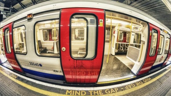 Image of London tube taken with a fish-eye lens.
