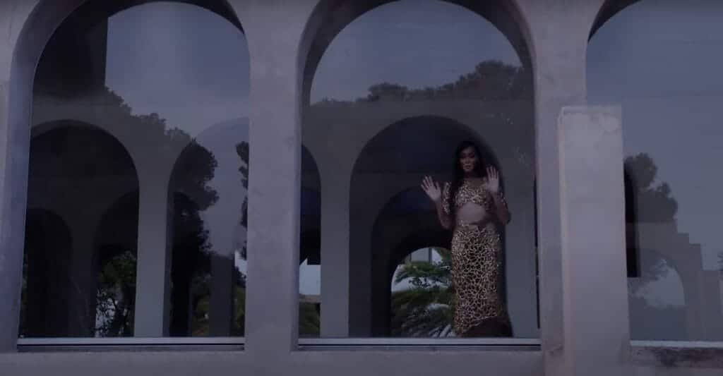 Winnie Harlow stuns viewers in the Bogotá collection as she poses for the camera.