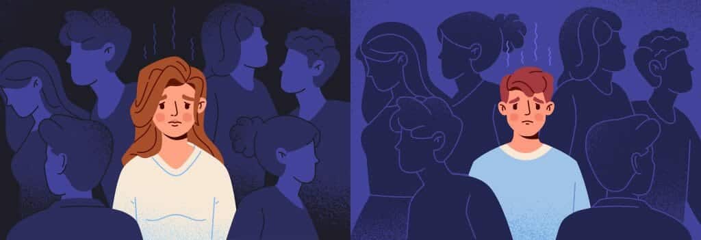 A cartoon depicts a lonely woman on the left and a lonely man on the right. The background is purple with outlines of other adults, all ignoring the man and woman.