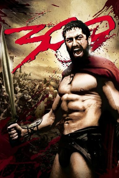 Film poster of a spartan soldier holding a sword with "300" written in red behind him.