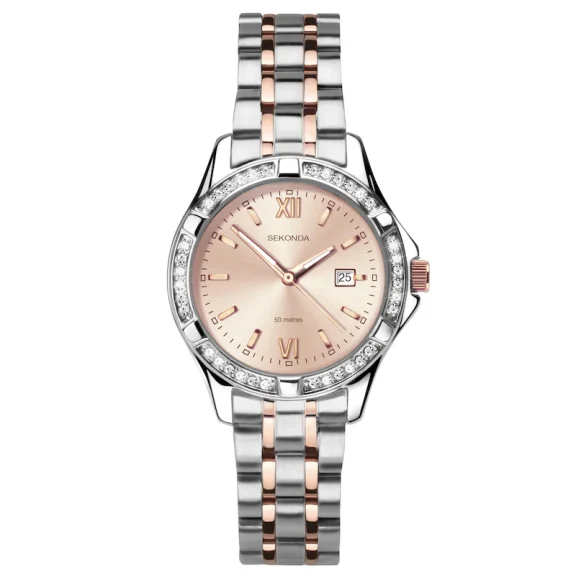 Rose gold and silver two-tone watch with round dial and crystals