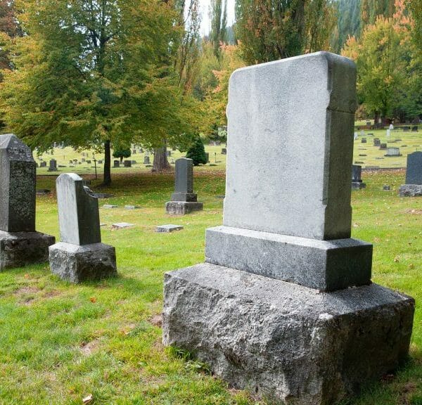 A blank gravestone in a sunny graveyard.