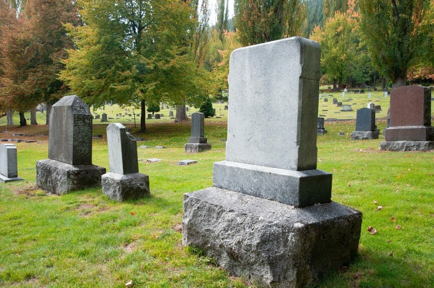 A blank gravestone in a sunny graveyard.