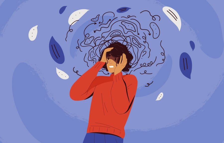 A women appears overwhelmed with squiggles surrounding her head. She wears a red sweater and is placed in front of a purplish-blue background.