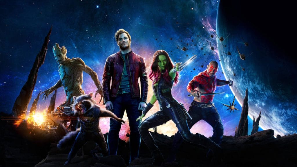 The five main characters of Guardians of the Galaxy standing together.