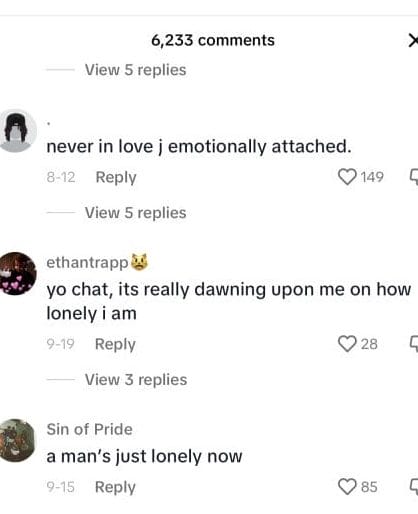 Comments showing the feelings of college students on a TikTok corecore video